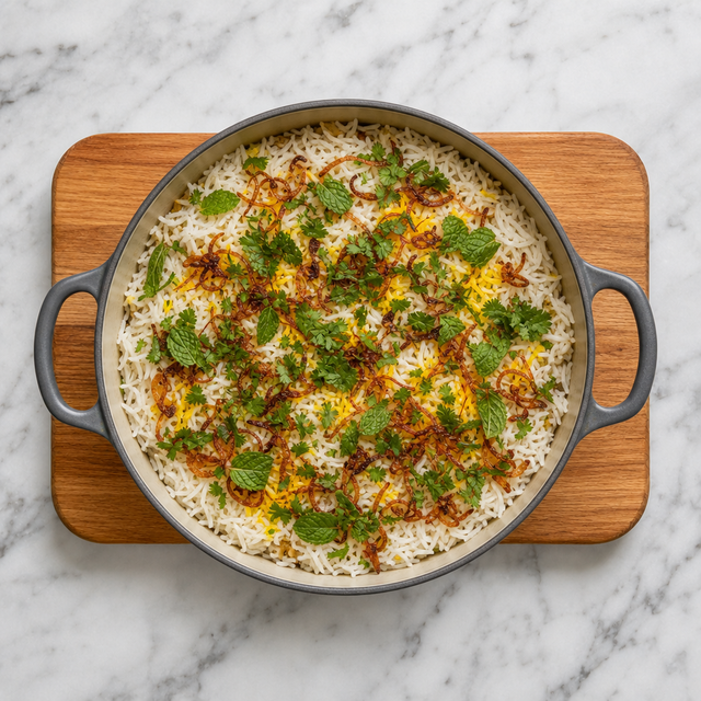 Layered chicken biryani before steaming