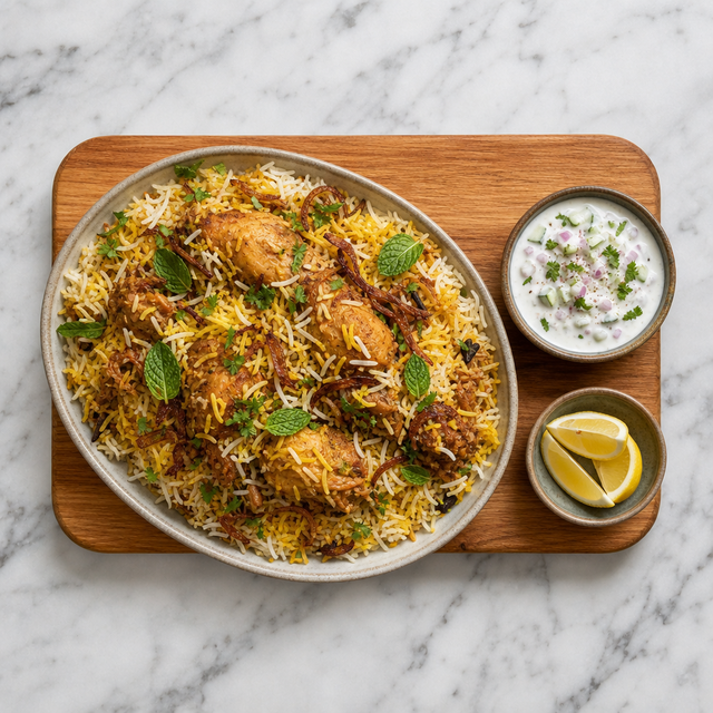 Finished chicken biryani with herbs and fried onions