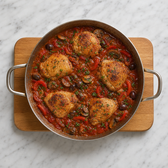 Finished Chicken Cacciatore with peppers, mushrooms, olives, and tomato sauce