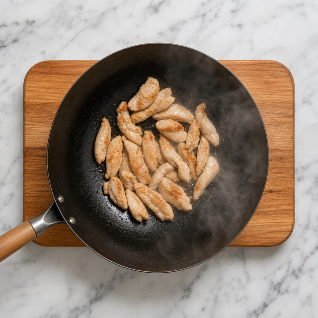 Sliced chicken browning in a hot wok