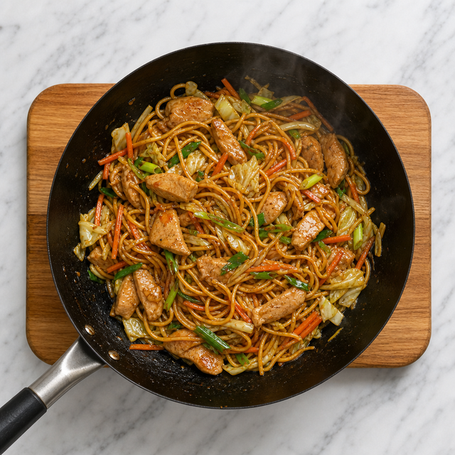 Glossy chicken chow mein tossed with vegetables in a wok