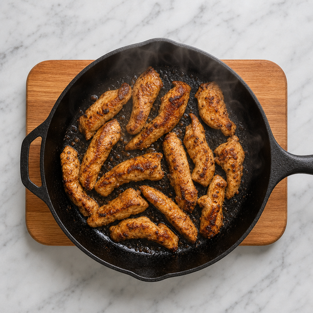 Chicken strips browning in a hot skillet