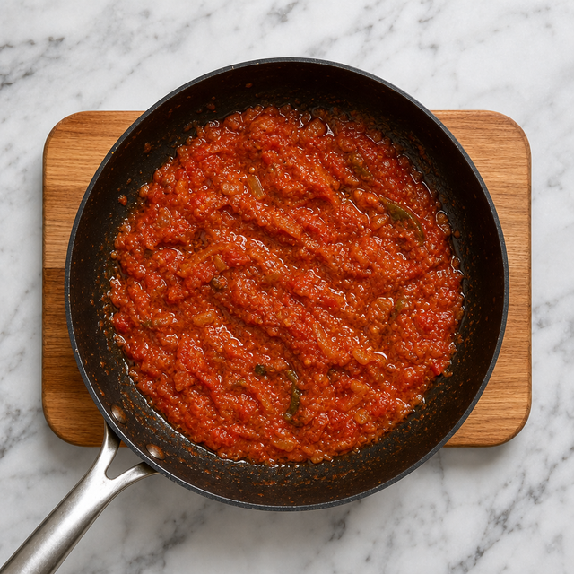 Glossy reduced tomato masala in a skillet
