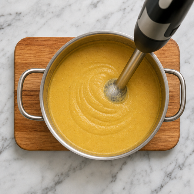 Silky golden almond sauce blended in a saucepan