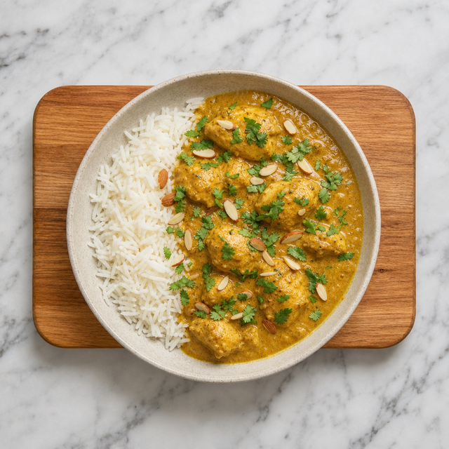 Finished chicken korma with cilantro and toasted almonds