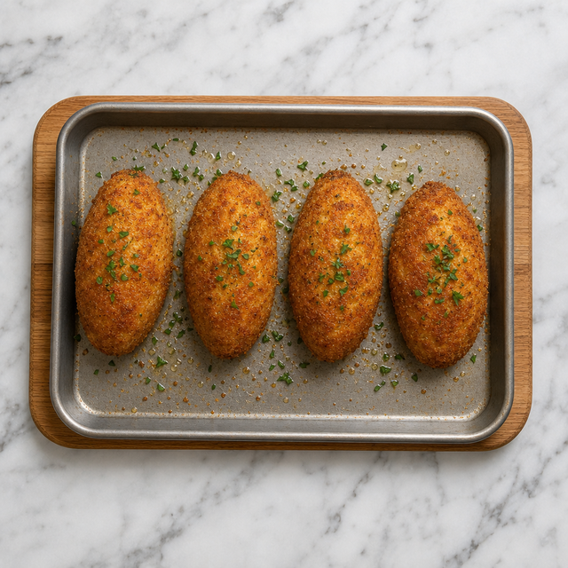 Golden baked Chicken Kyiv parcels on a baking tray