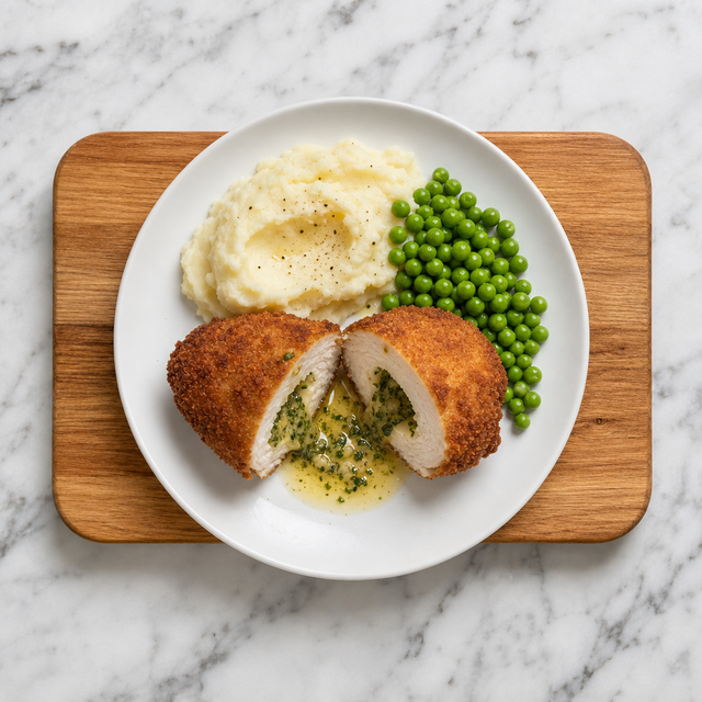 Chicken Kyiv cut open with melted garlic-parsley butter