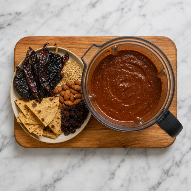 Smooth mahogany mole poblano sauce blended from toasted chiles and aromatics