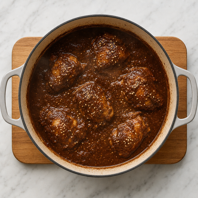 Chicken thighs simmering in glossy mole poblano sauce