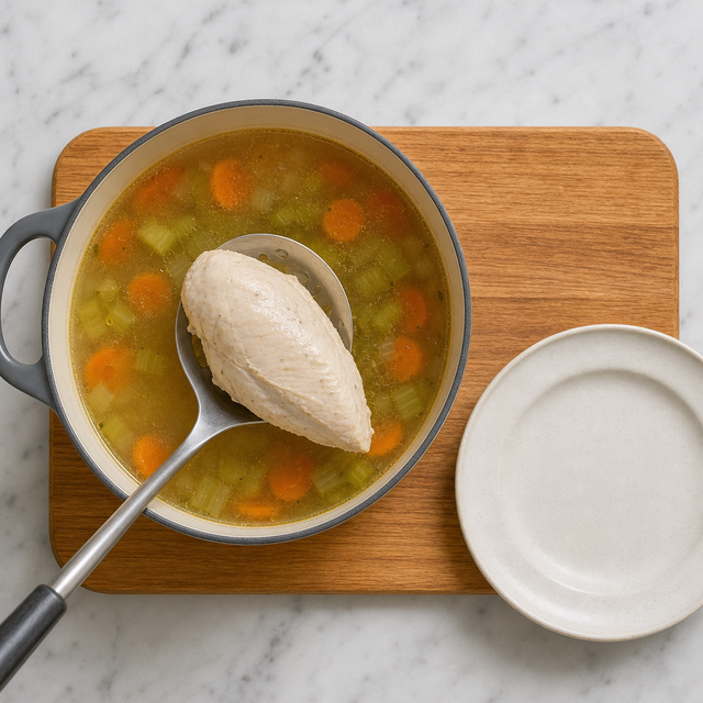 Cooked chicken lifted from the simmering soup broth