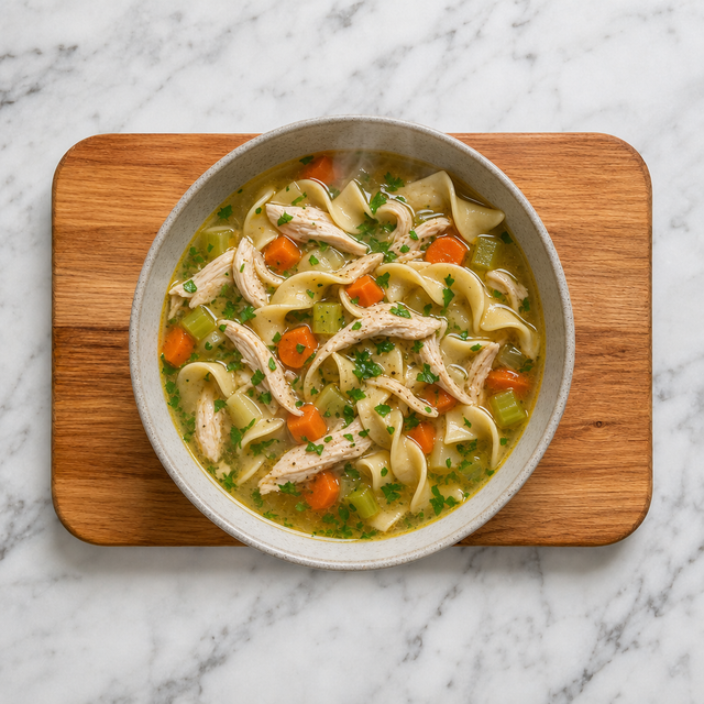 A bowl of classic chicken noodle soup with chicken, noodles, vegetables, and parsley