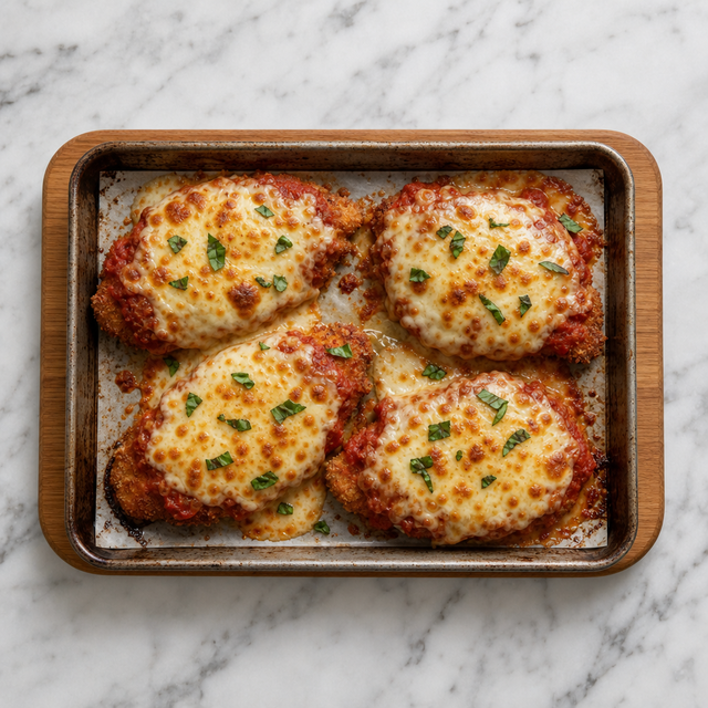 Bubbling cheese topping on finished Chicken Parmesan