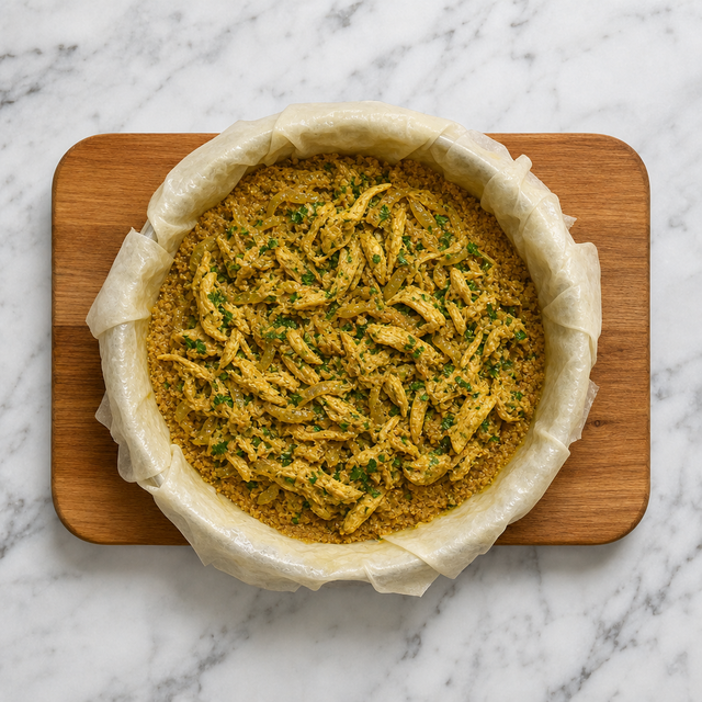 Phyllo layers surrounding the almond and chicken pastilla filling