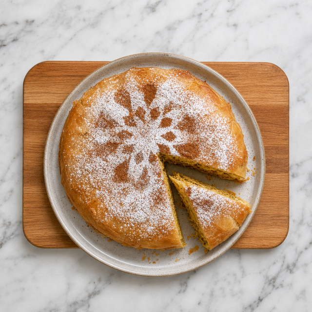 Golden Chicken Pastilla dusted with confectioners sugar and cinnamon