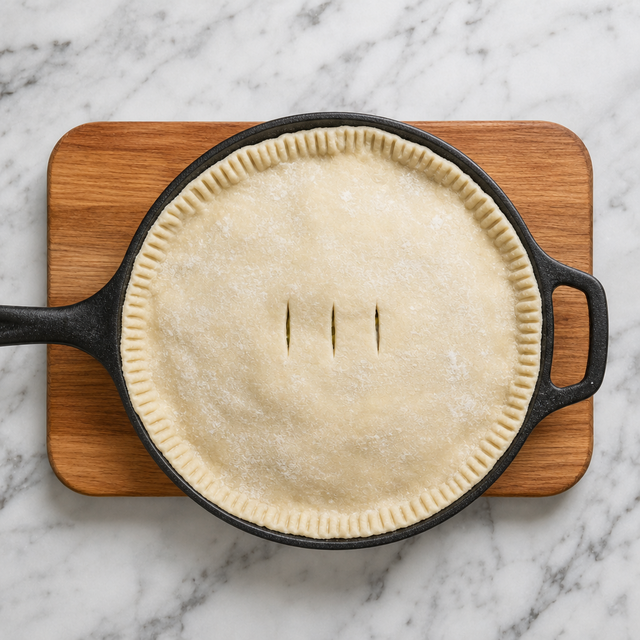 Puff pastry lid fitted over a skillet of chicken pot pie filling with vents cut in the top