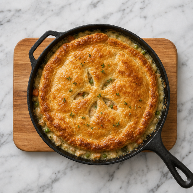 Golden chicken pot pie with flaky puff pastry crust in a skillet