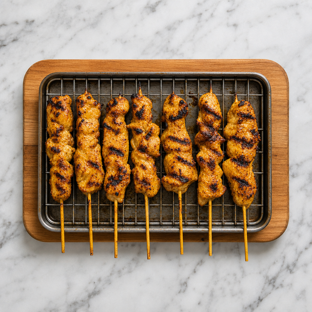 Grilled chicken satay skewers with charred edges