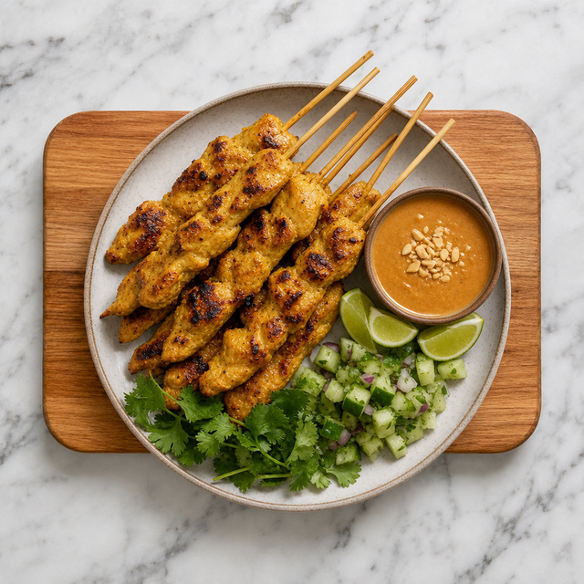 Chicken satay served with Thai peanut sauce and lime wedges