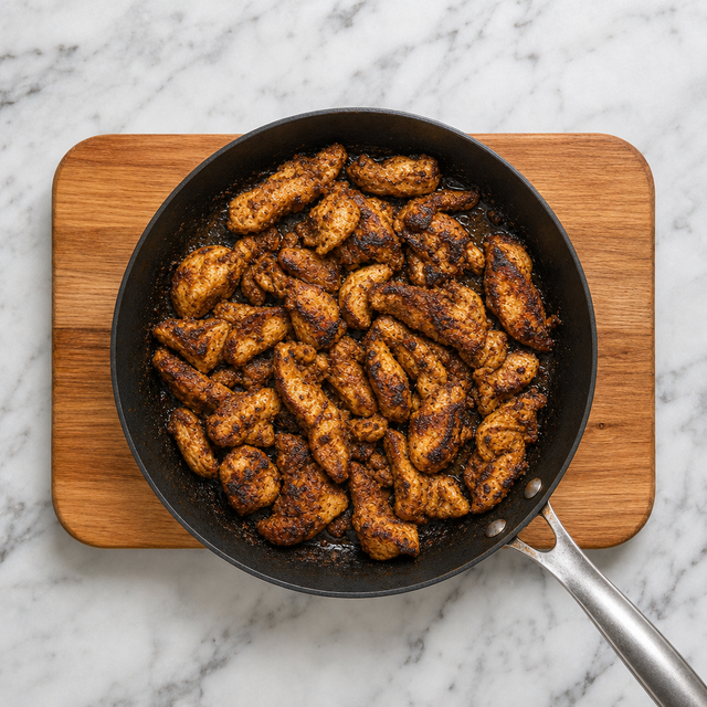 Chicken shawarma with deeply browned edges in a skillet