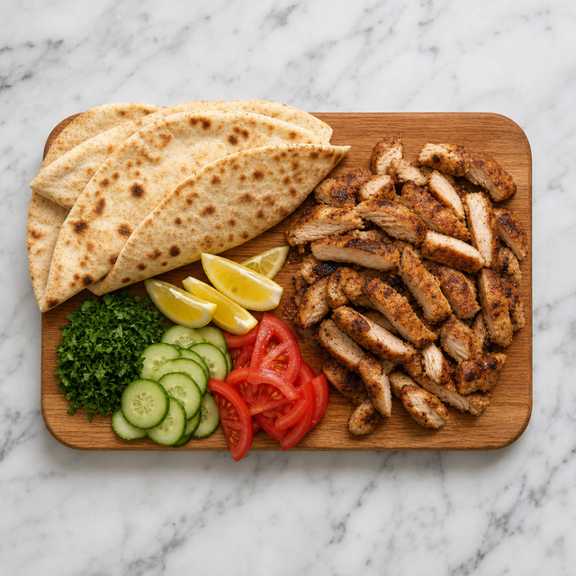 Sliced chicken shawarma served with warm flatbread and fresh toppings