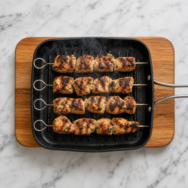 Chicken souvlaki skewers with golden char marks on the grill