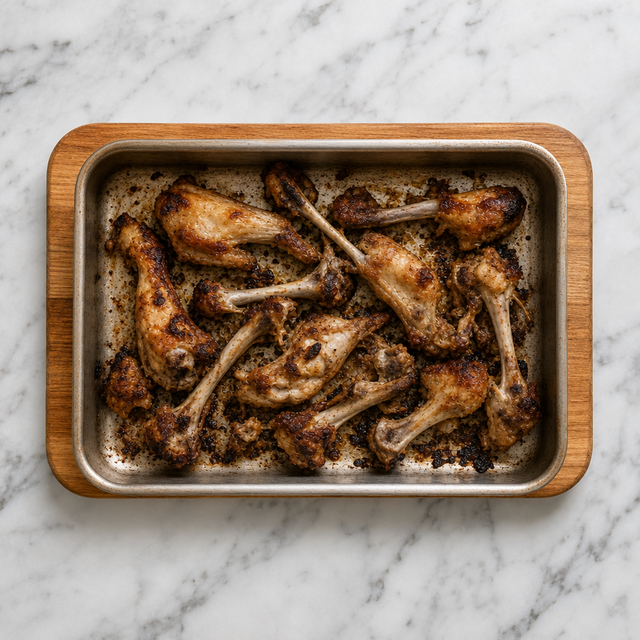 Chicken bones roasted until deeply browned in a roasting pan