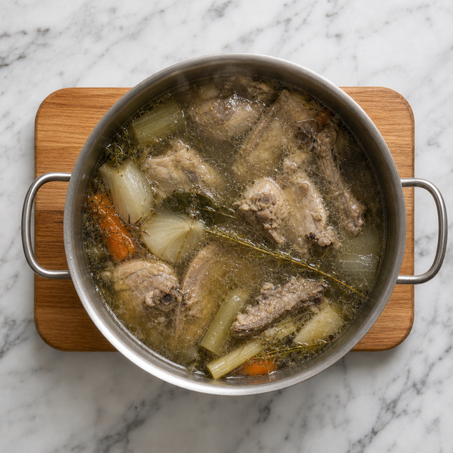 Chicken stock gently simmering with bones and aromatics