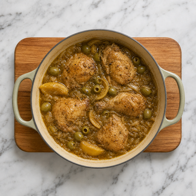 Finished chicken tagine with olives and preserved lemon