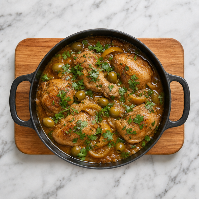 Chicken tagine garnished with cilantro and preserved lemon