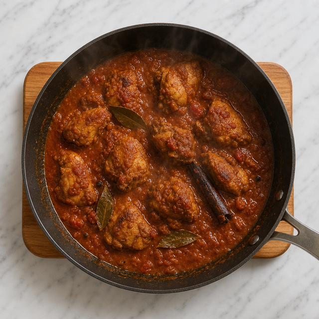 Chicken vindaloo simmering in a glossy red-brown sauce