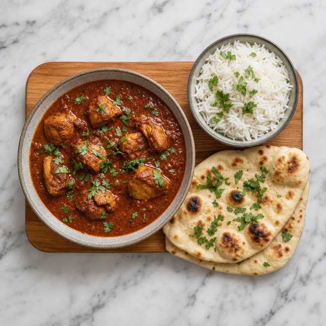 Chicken vindaloo served with basmati rice and naan