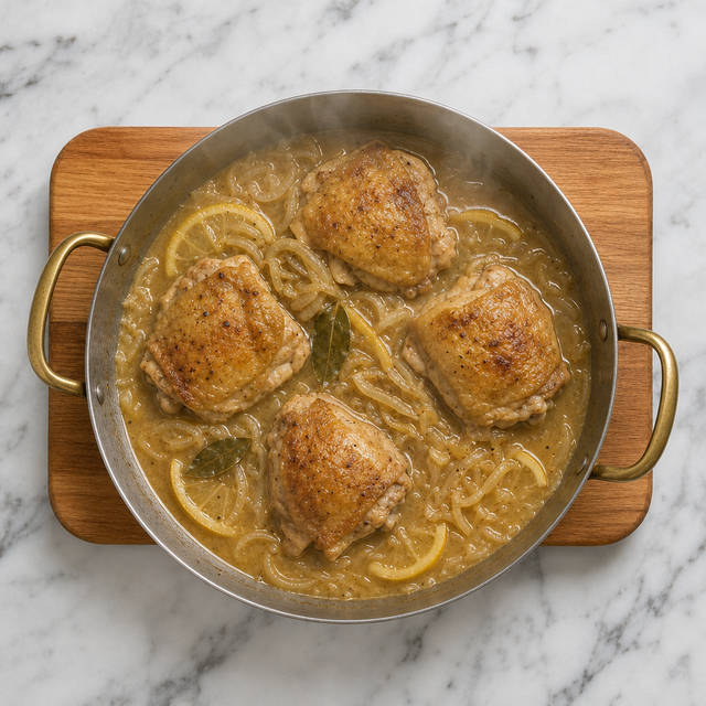 Chicken Yassa simmering in a glossy lemon and onion sauce