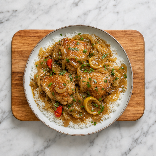 Chicken Yassa served over white rice with silky lemony onions