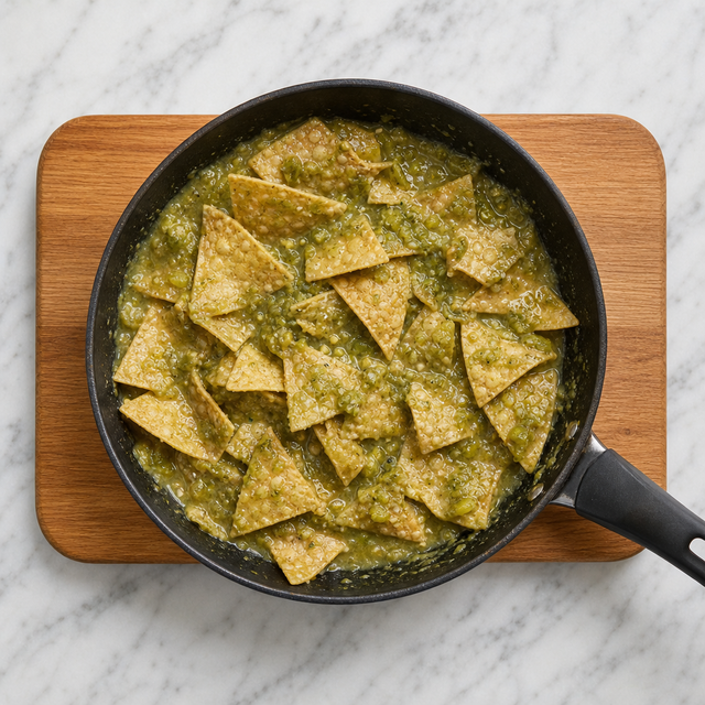 Tortilla chips folded into salsa verde