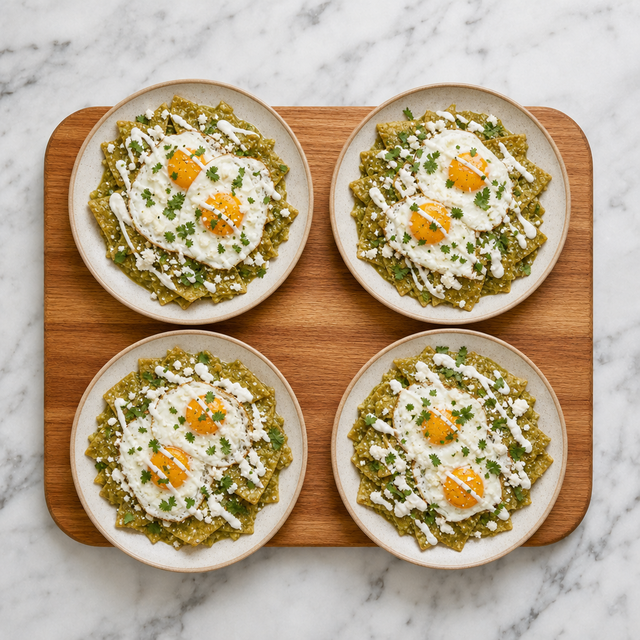 Chilaquiles topped with fried eggs, crema, queso fresco, and cilantro