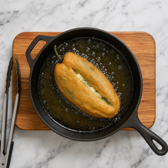 Golden battered chile relleno frying in hot oil