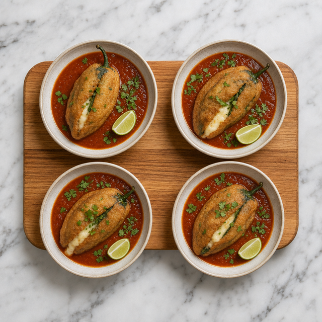 Chiles rellenos served over simmered tomato sauce