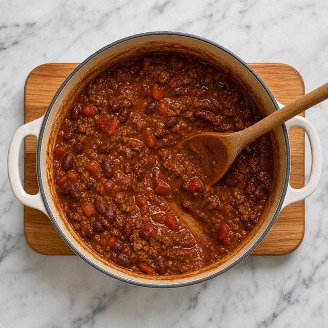 Thick chili con carne simmering in a pot with beef and beans visible.