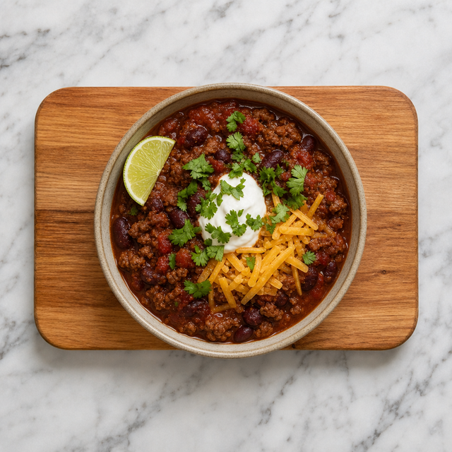 A bowl of chili con carne topped with cheddar, sour cream, cilantro, and lime.