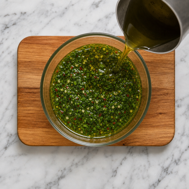 Warm olive oil being added to freshly mixed chimichurri herbs