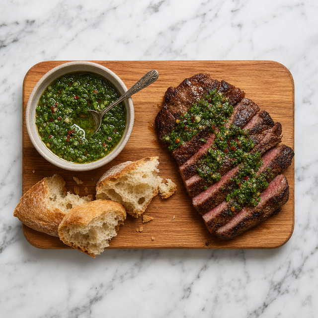 Bowl of finished chimichurri served with grilled steak and crusty bread