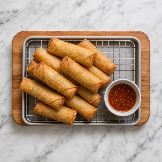Golden crisp Chinese spring rolls ready to serve