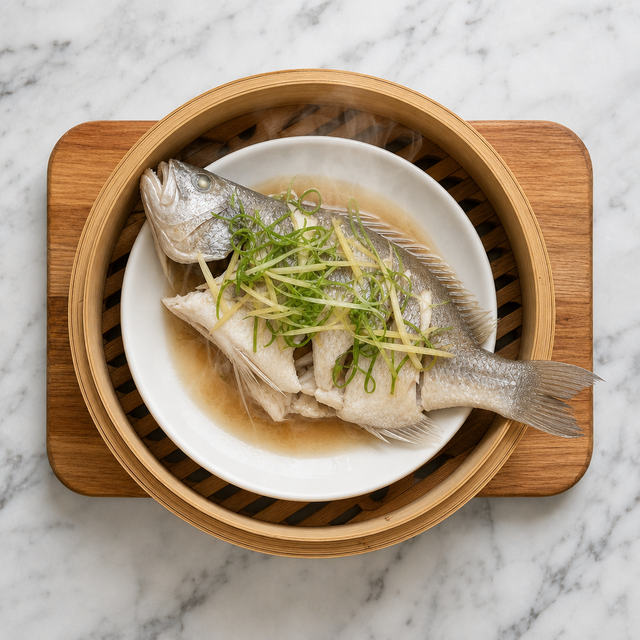 Whole fish steaming with ginger and scallions in a bamboo steamer