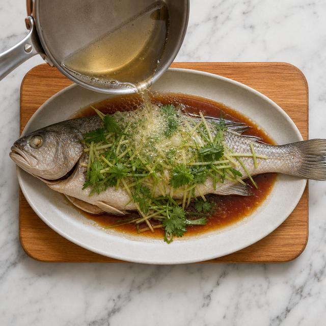 Hot oil poured over ginger and scallions on steamed fish