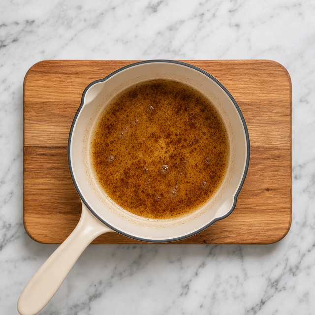 Amber browned butter with toasted milk solids in a saucepan.