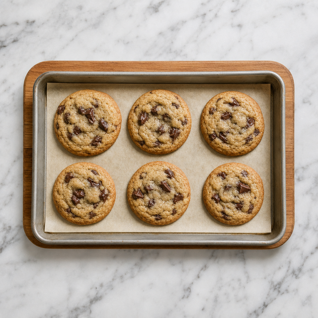 Chocolate chip cookies with golden edges and soft centers on a baking sheet.