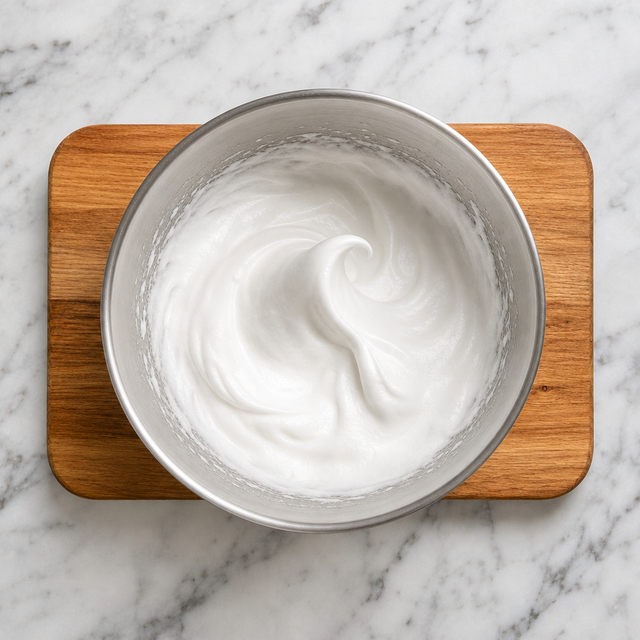 Glossy egg whites whipped to medium peaks