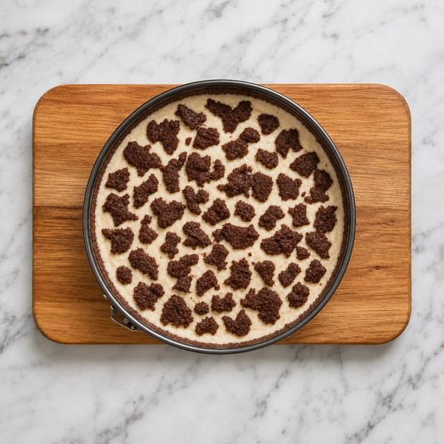 Chocolate pastry pieces scattered over quark filling in a springform pan