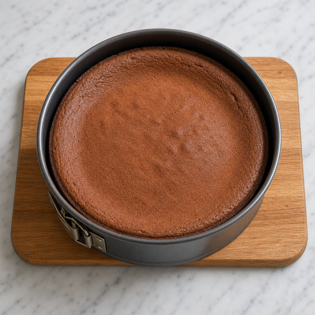 Freshly baked chocolate quark layer cake with rustic cocoa topping