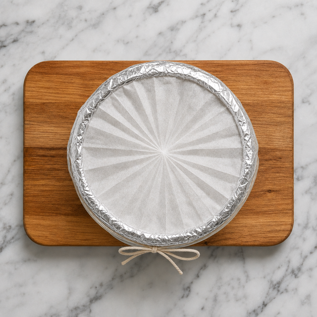 Filled Christmas pudding basin sealed with pleated parchment and foil
